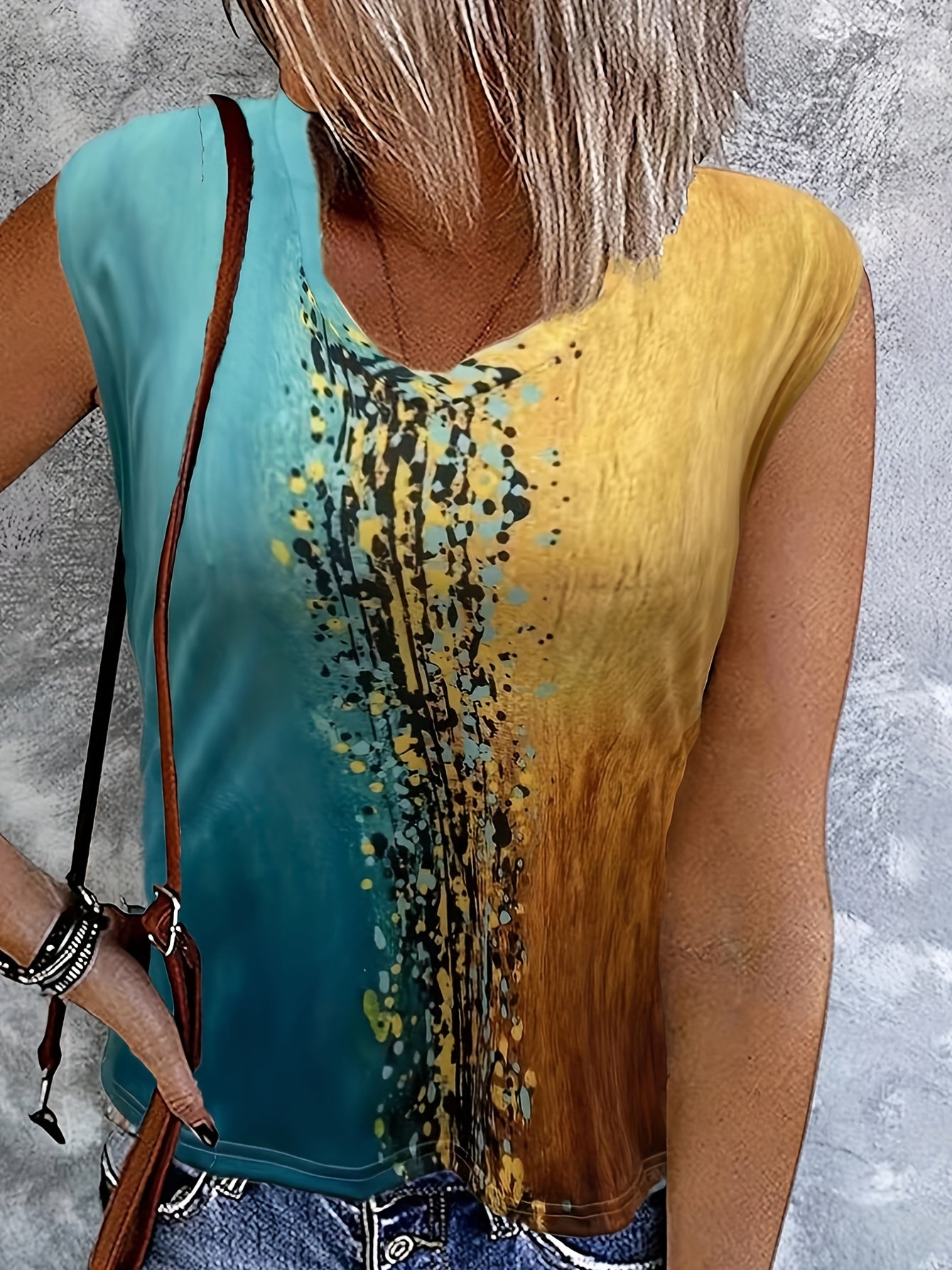  Colorblock Print V Neck Tank Top