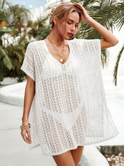 Crochet Batwing Sleeve Beach Cover Up V Neck Side Split Soft Boho Kaftan Dress
