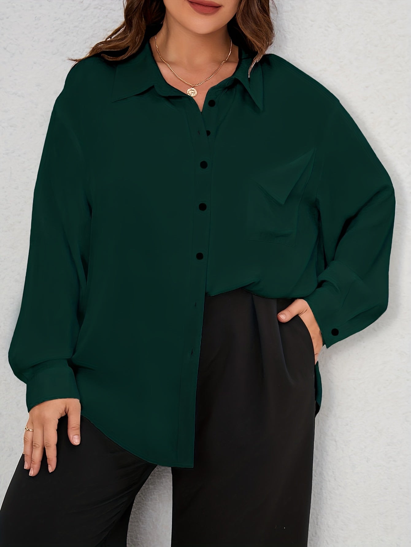  Casual Blouse Solid Long Sleeve Button Up Collar Shirt
