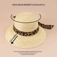 Leopard Ribbon Bowknot Sun Hat Wide Brim UV Protection Straw Hat