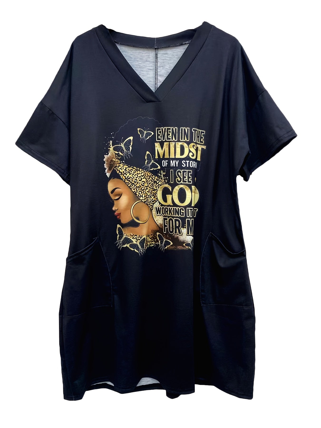  Cartoon Print V Neck Dress With Pockets