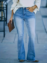  Washed Button Fly Fringe Trim Flared Jeans