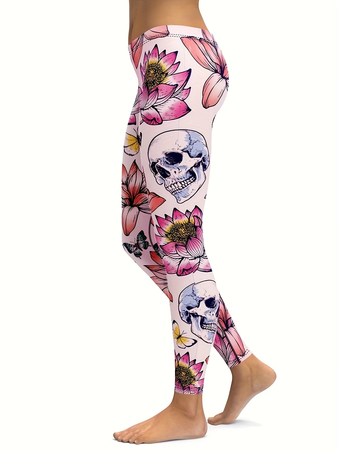 Women's Skull Butterfly Lotus Print Tight Pants for Yoga & Running