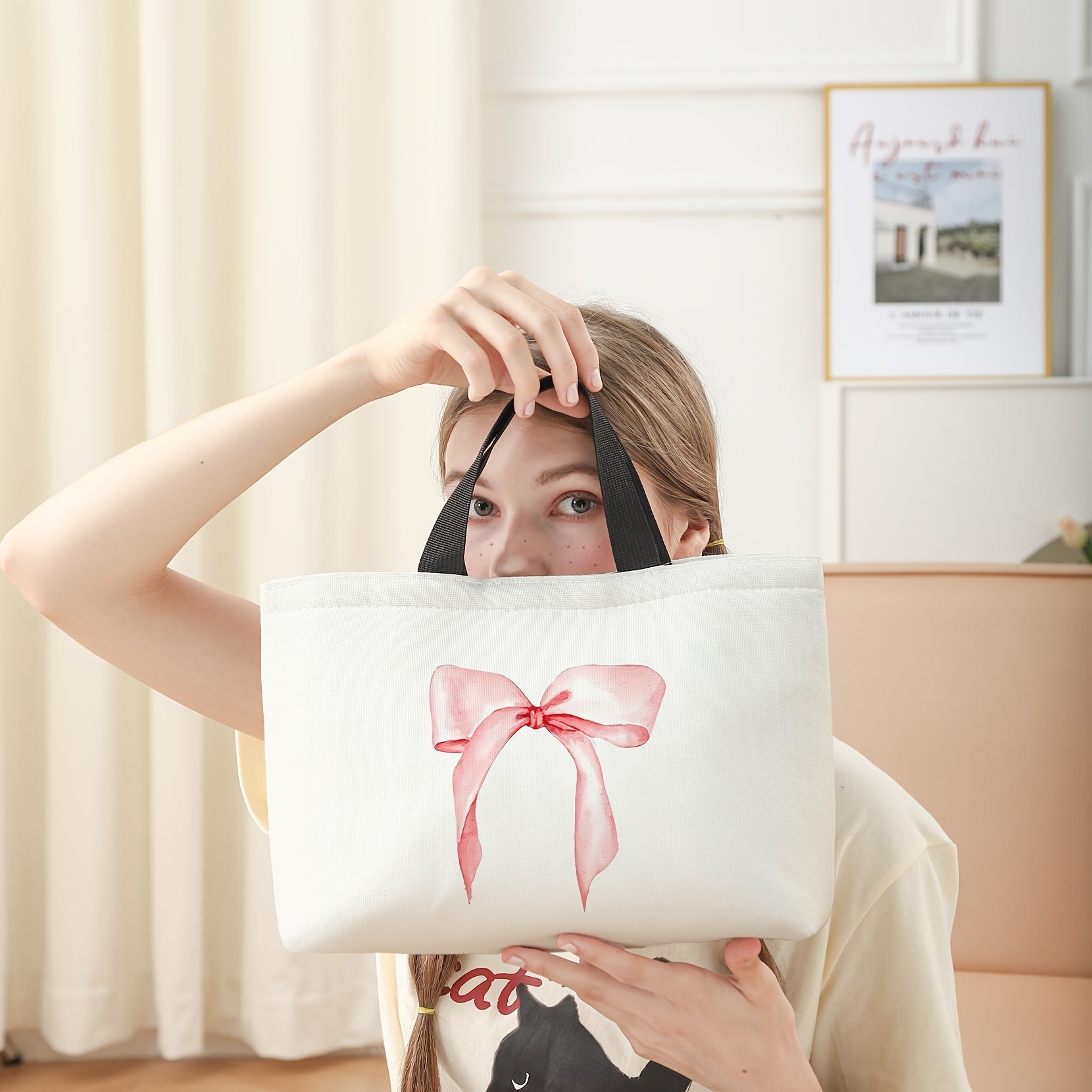 Pink Bow Print Lunch Bag Insulated Reusable Leak Proof Thermal Tote