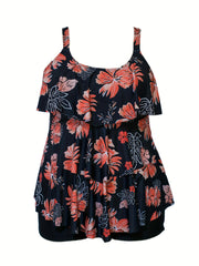  Boho Tankini Set Tropical Print Ruffle Trim Cami Top & Shorts