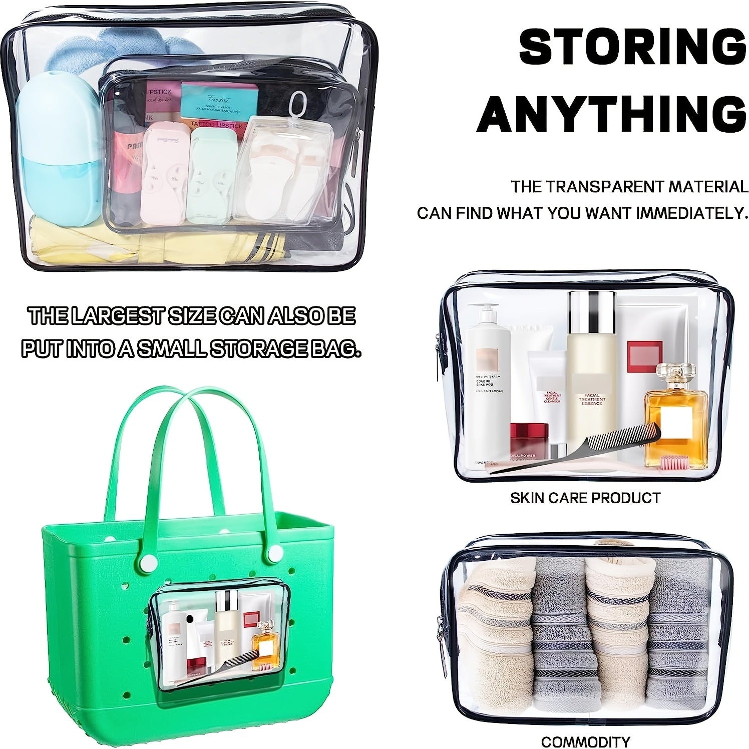 3 Pcs Transparent Inner Bags Zipper Waterproof, Hooks Travel Accessories