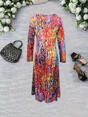  Tie Dye Long Sleeve V Neck Midi Dress