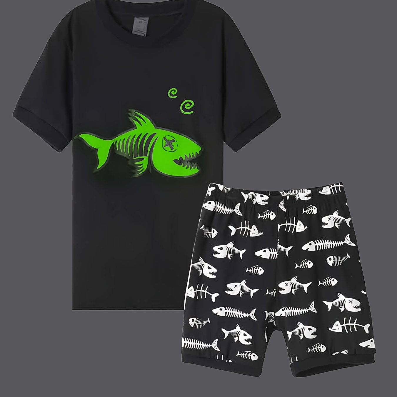 Boys Luminous Fishbone Pajamas Set Short Sleeves Tops & Bottoms