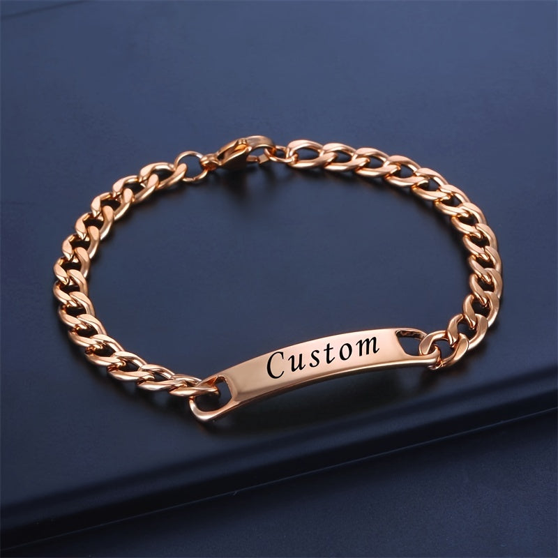 Personalized Name Men's Bracelet Engraved Stainless Steel Golden Nameplate Gift