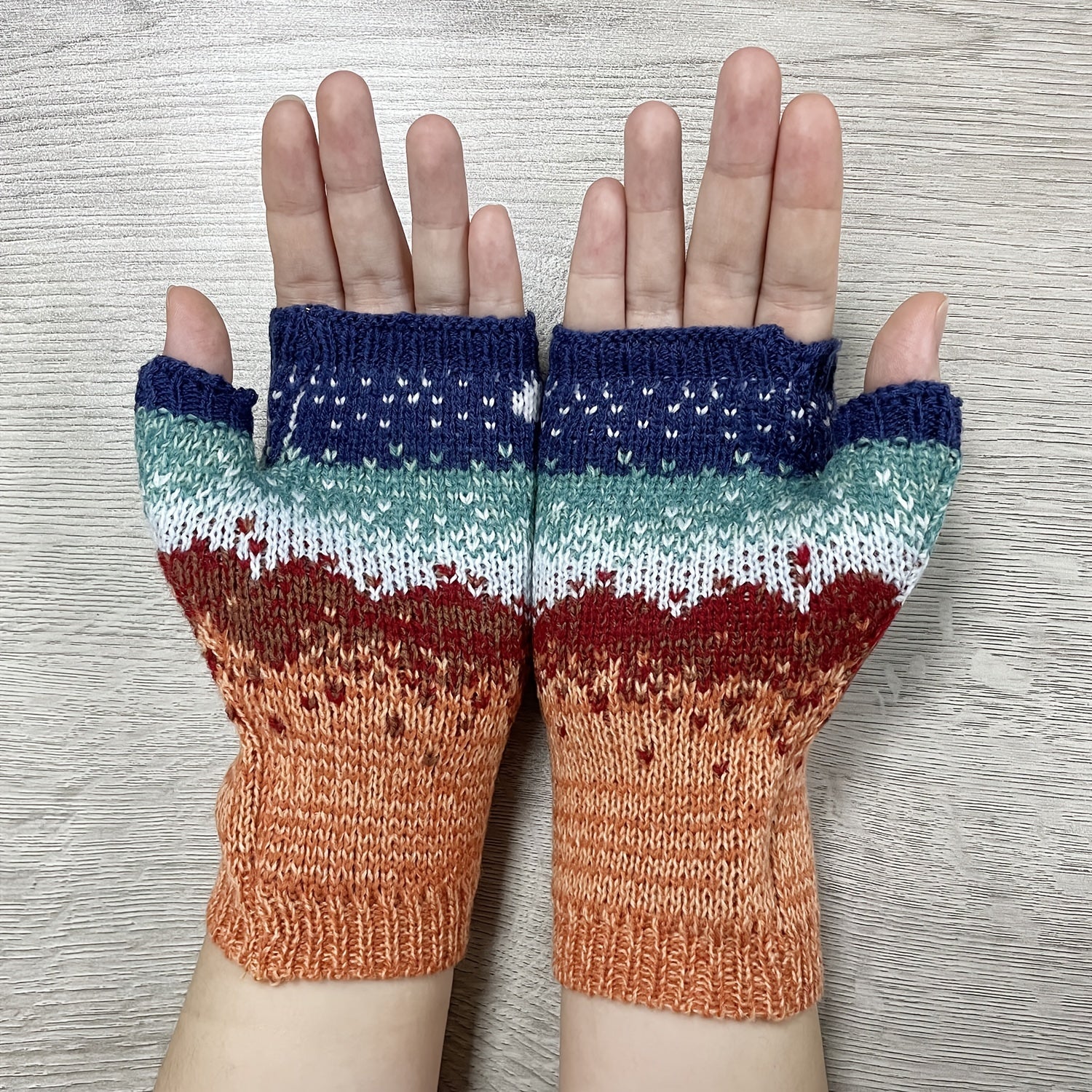 Gradient Knit Gloves Moon Jacquard Half Finger Warm Gloves For Women