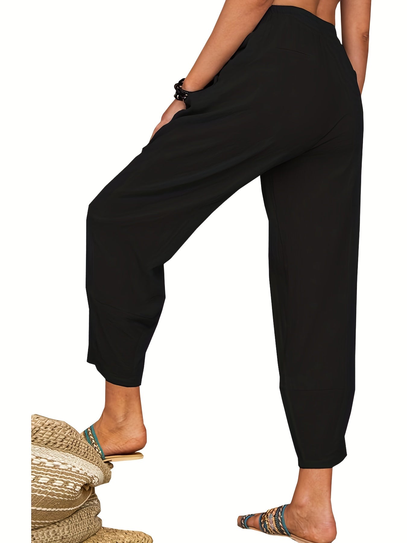  High Rise Loose Crop Harem Trousers With Pockets