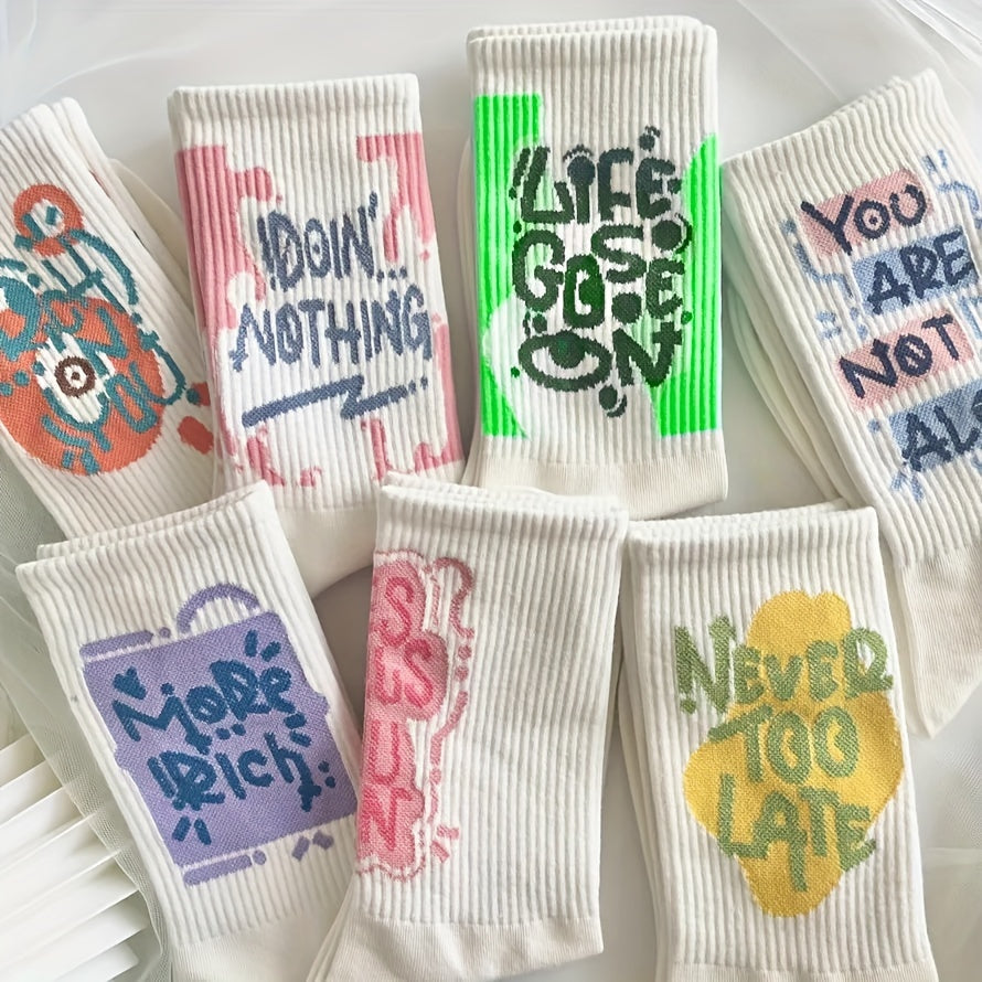 7 Pairs Letter Print Socks Breathable Mid Tube Stockings