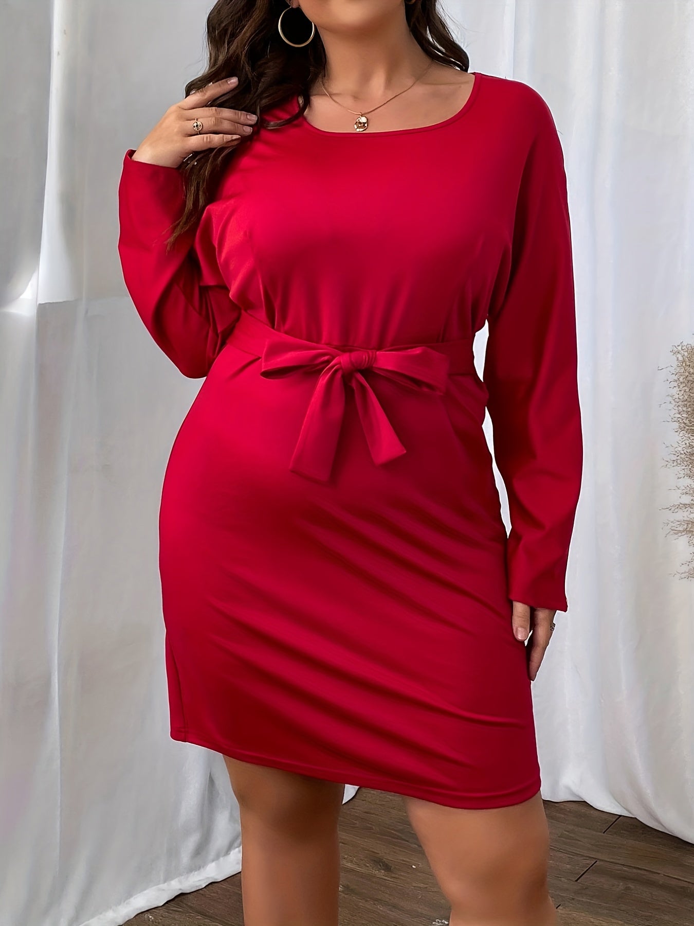  Solid Long Sleeve Round Neck Stretch Mini Belted Dress
