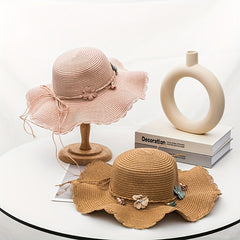 Wide Brim Sun Hat Flower Decor Foldable Travel Beach Hats UV Protection