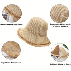 Frayed Brim Sun Hat Packable Wide Brim Beach Hat
