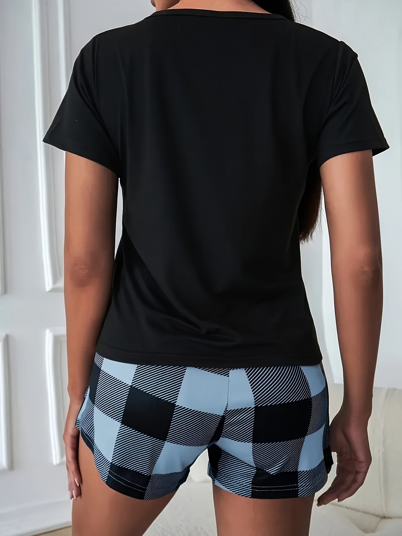 Plaid Pajamas Set Short Sleeve Tee & Bow Shorts PJ Women's Sleepwear