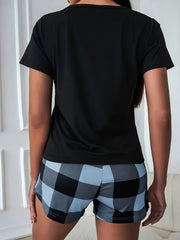 Plaid Pajamas Set Short Sleeve Tee & Bow Shorts PJ Women's Sleepwear