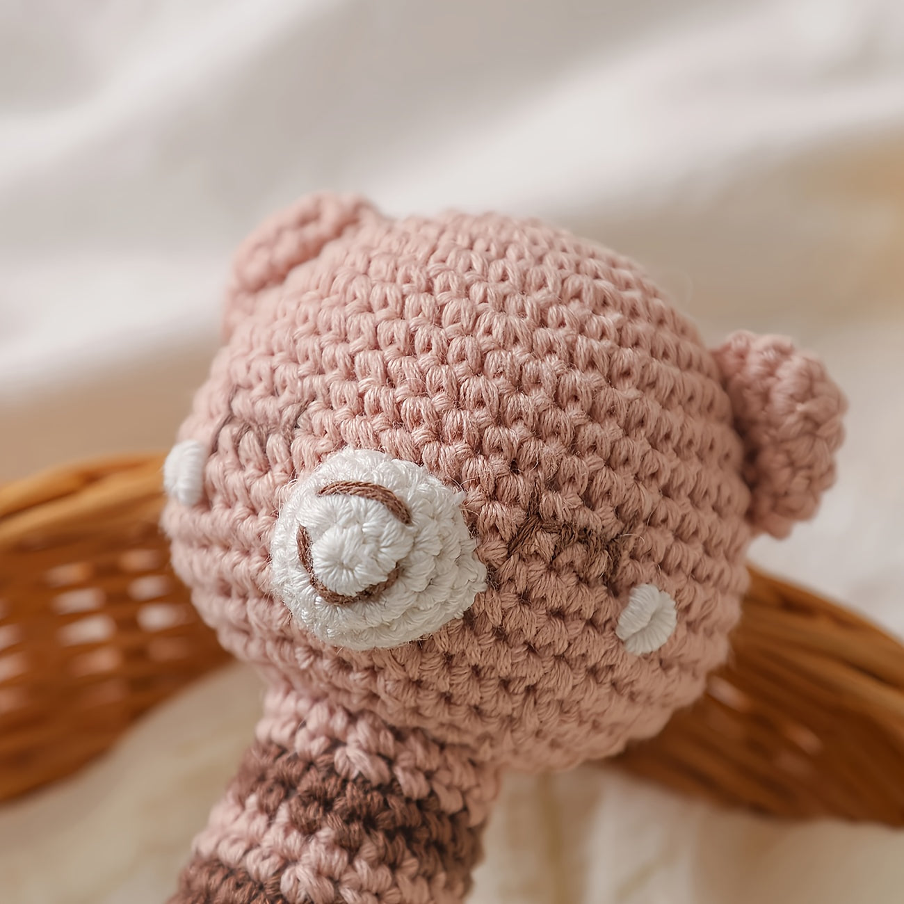 Crochet Bear Rattle Teether Toy Knitted Brown Animal Doll Built in Bell