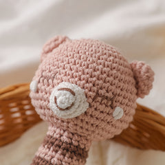 Crochet Bear Rattle Teether Toy Knitted Brown Animal Doll Built in Bell
