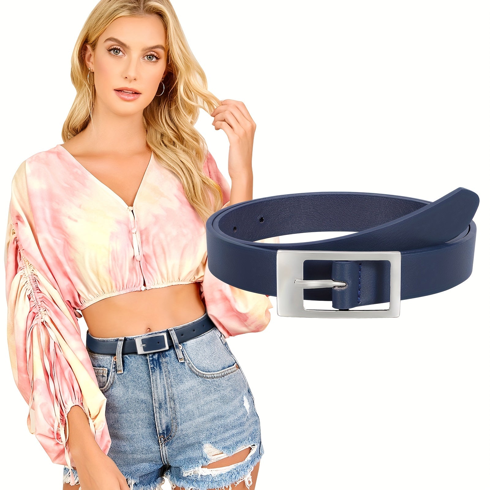Classic Thin Belt Rectangular Buckle PU Leather Belt For Women