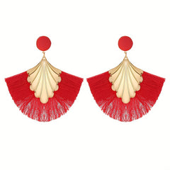 Fan Shape Tassel Retro Boho Dangle Earrings Alloy 18K Plated