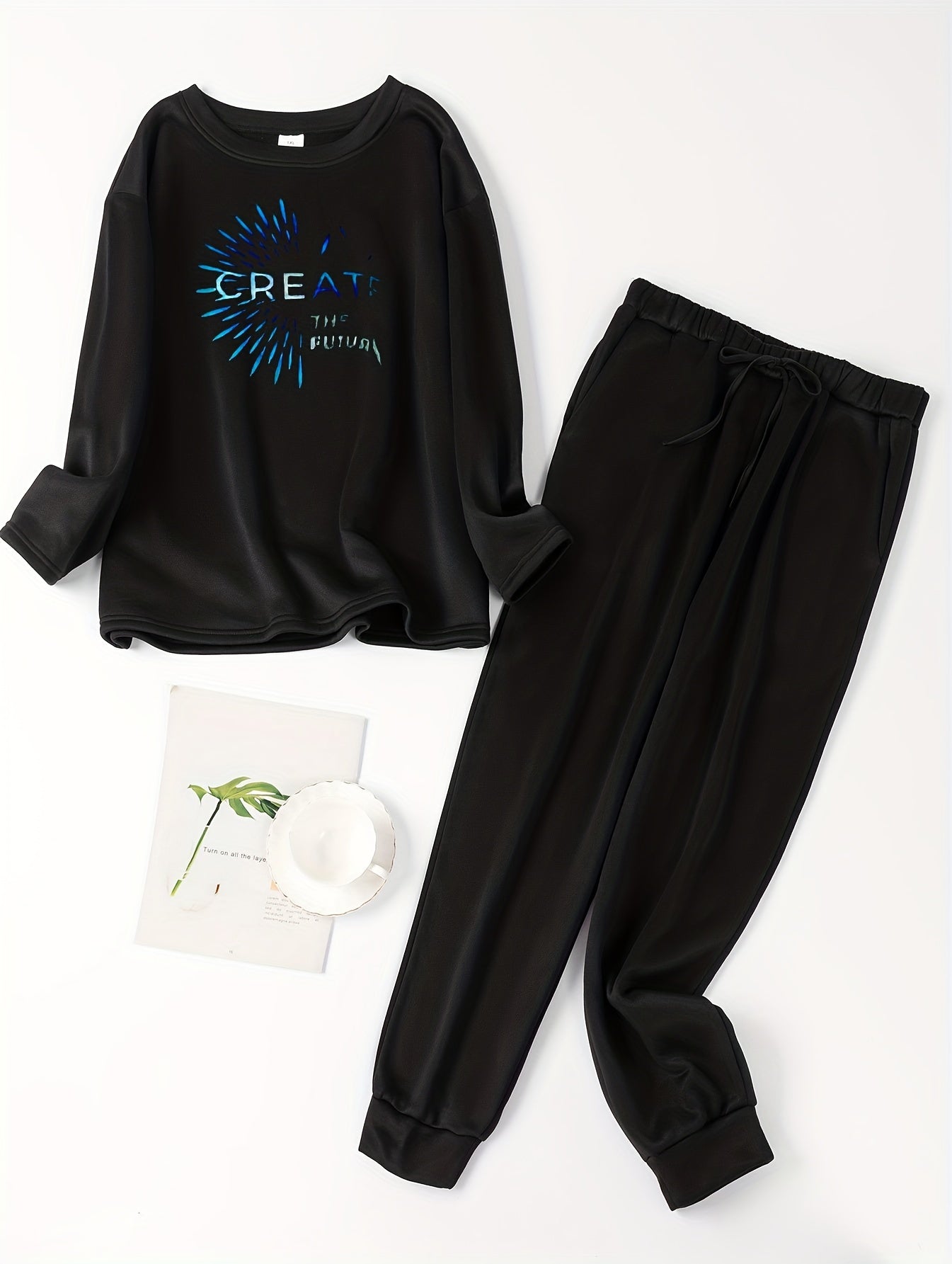  Firework & Letter Print Lounge Set - Crew Neck Top & Tie Pants Pajamas