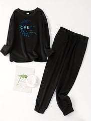  Firework & Letter Print Lounge Set - Crew Neck Top & Tie Pants Pajamas