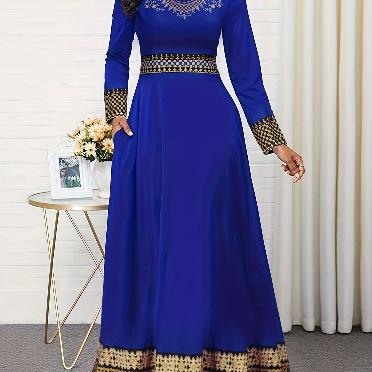  Ethnic Style Maxi Dress Colorblock Tribal Print Long Sleeve Round Neck