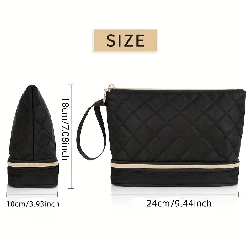 Quilted Cosmetic Bag Double Layer Makeup Brush Organizer Travel Toiletry Storage