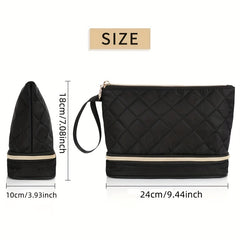 Quilted Cosmetic Bag Double Layer Makeup Brush Organizer Travel Toiletry Storage