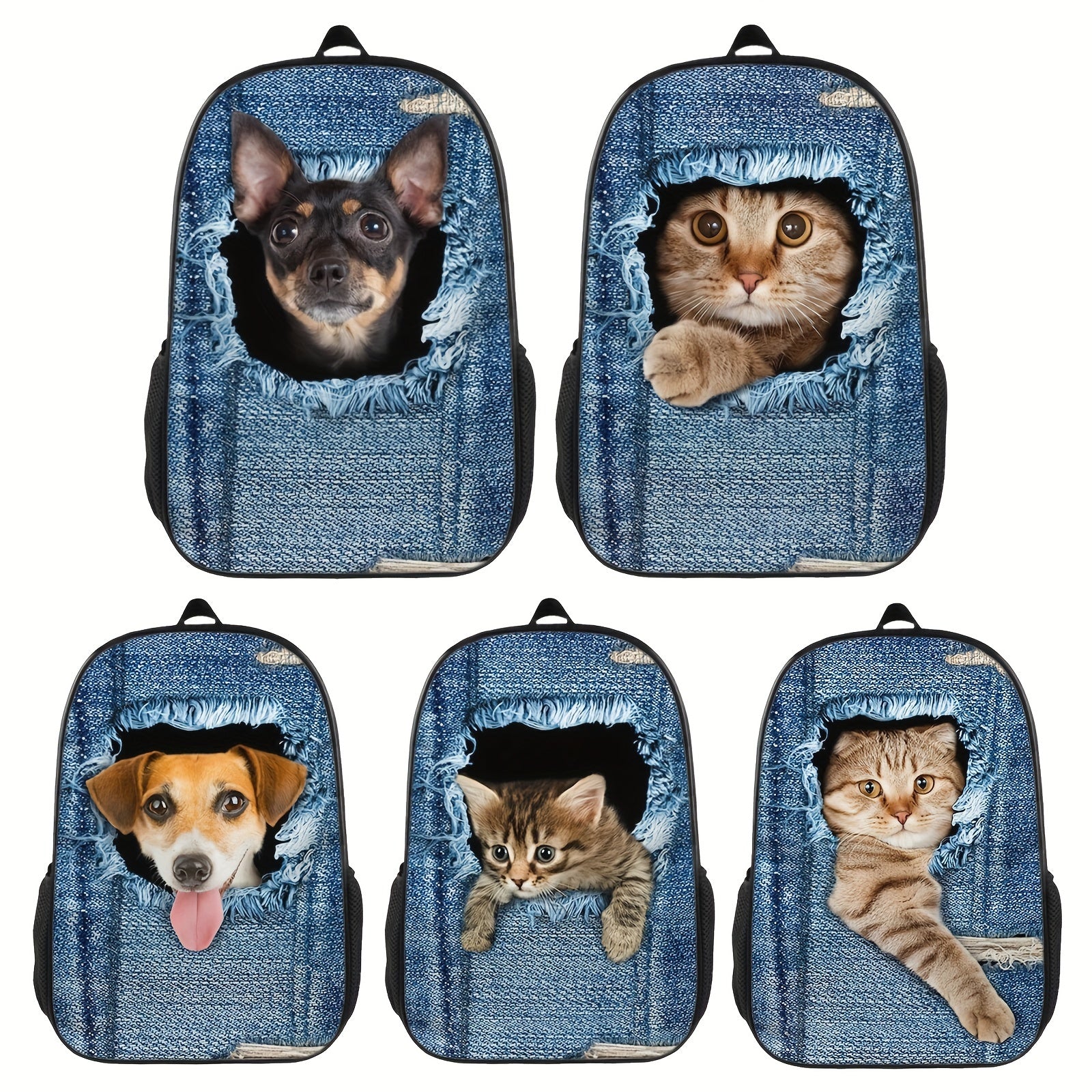 Creative Dog Cat Denim Printed Backpack for Kids Boys Girls
