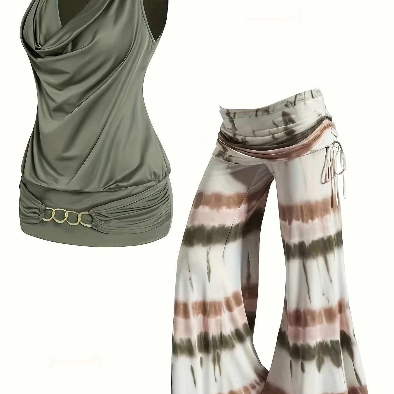  Cowl Neck Tank Top & Tie Dye Wide Leg Pants 2 Piece Set