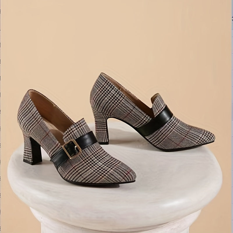 Women's Plaid Court Pumps Buckle Strap High Heels