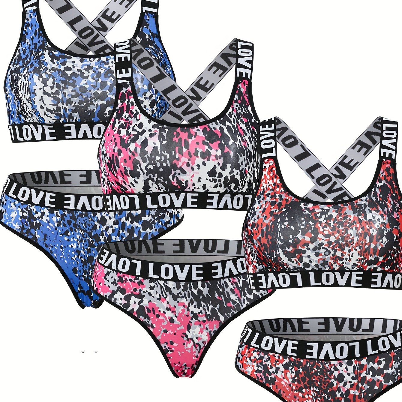 Leopard Bra & Panties Set Criss Cross Back Sports Bra & Letter Print Panties