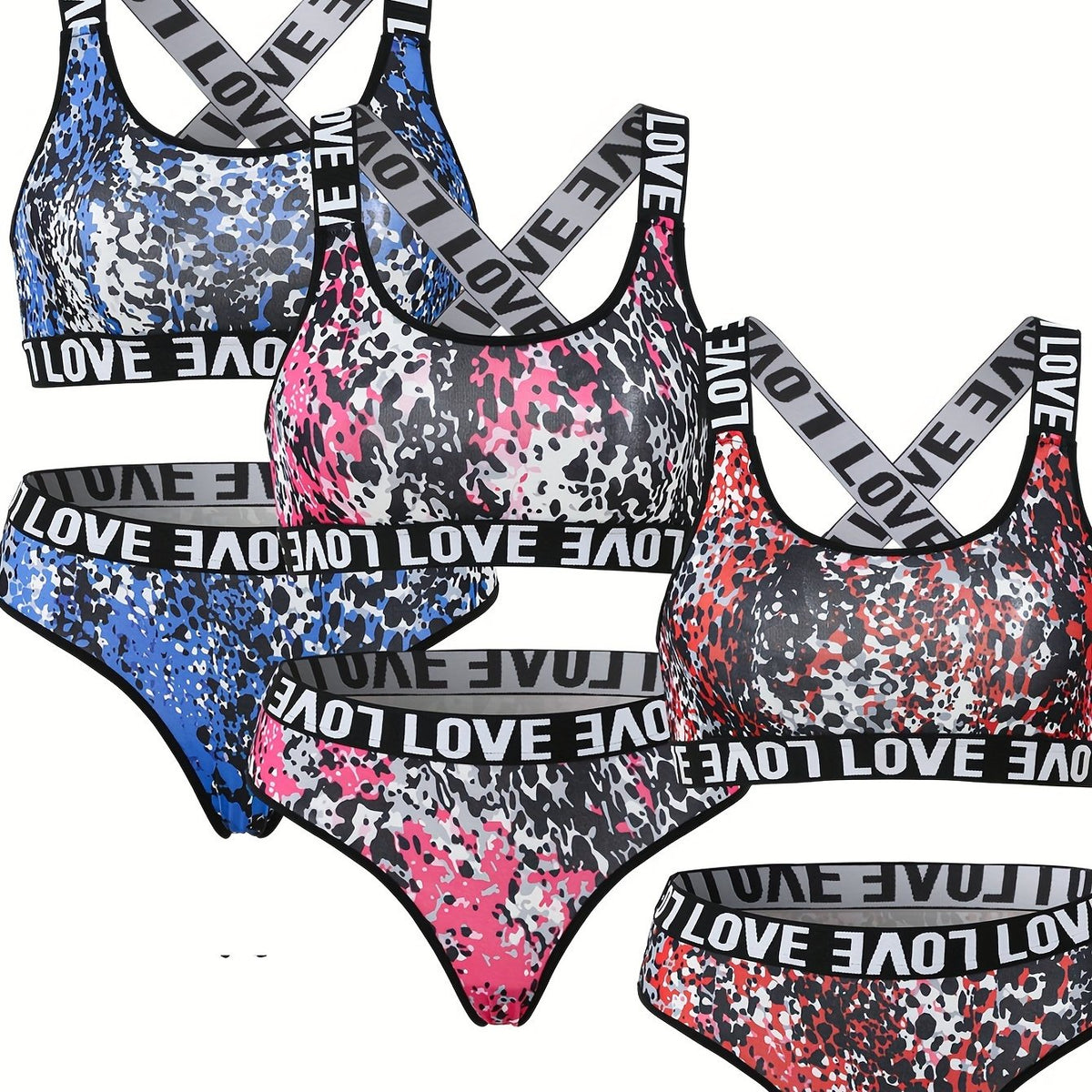 Leopard Bra & Panties Set Criss Cross Back Sports Bra & Letter Print Panties