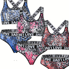 Leopard Bra & Panties Set Criss Cross Back Sports Bra & Letter Print Panties