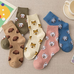 5 Pairs Women's Cotton Dog Pattern Crew Socks Multicolor