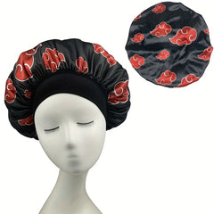 Red Cloud Printed Cosplay Bonnet Anime Shower Cap Satin Head Wrap Wide Headband