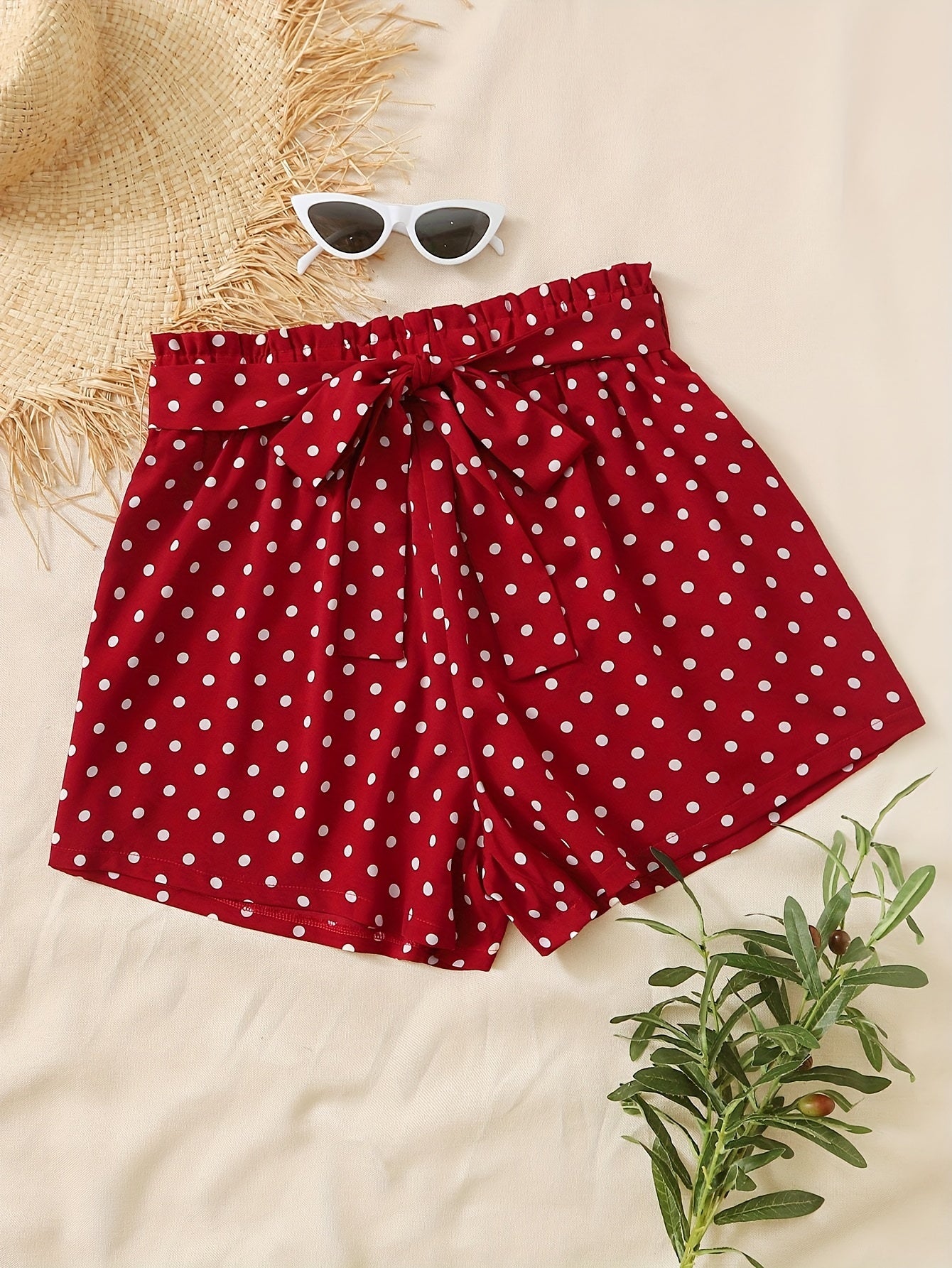  Polka Dot Print Elastic Shorts With Belt