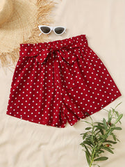  Polka Dot Print Elastic Shorts With Belt