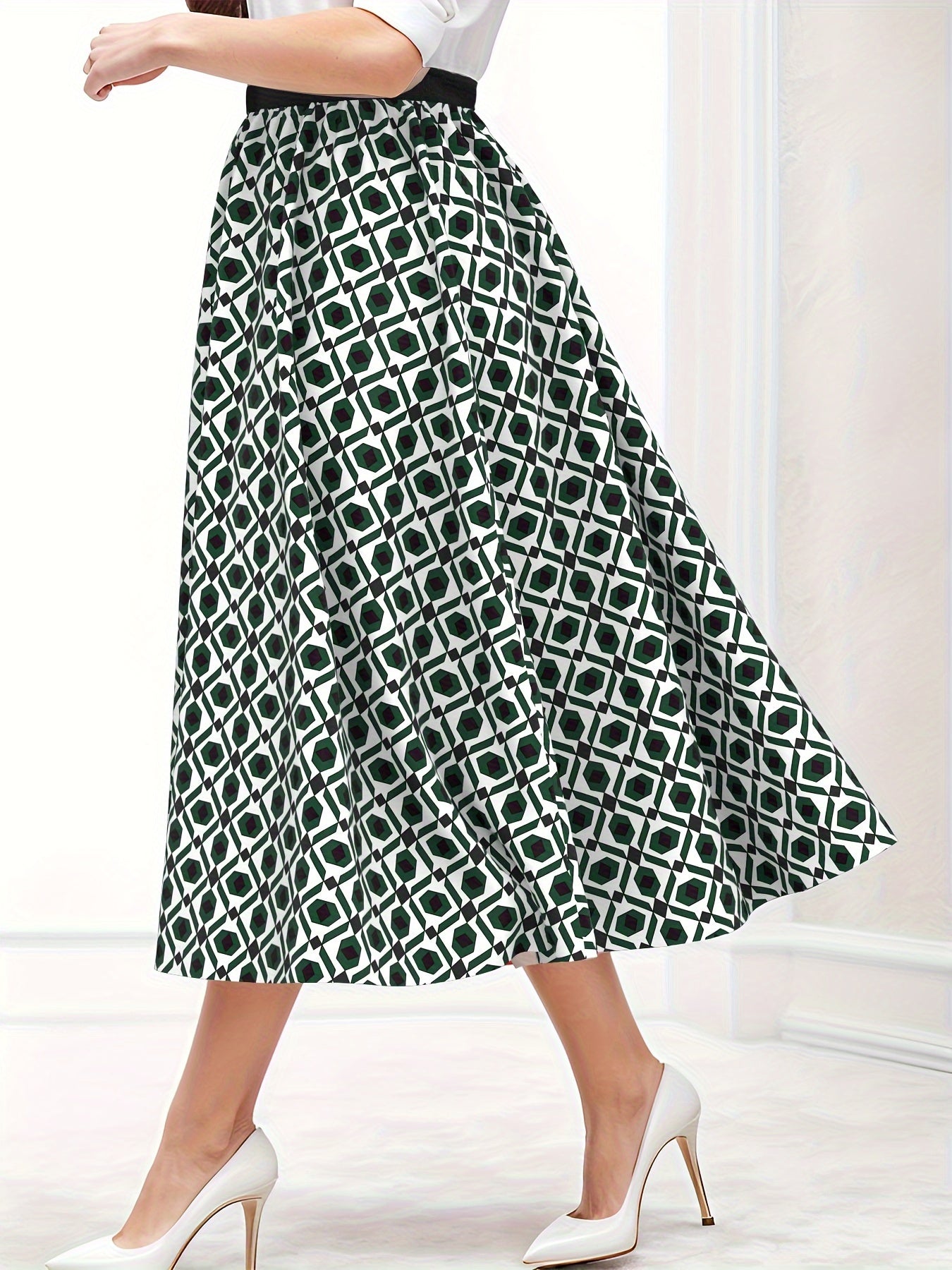  Women's Maxi Skirt Geometric Print High Rise Elastic Waist