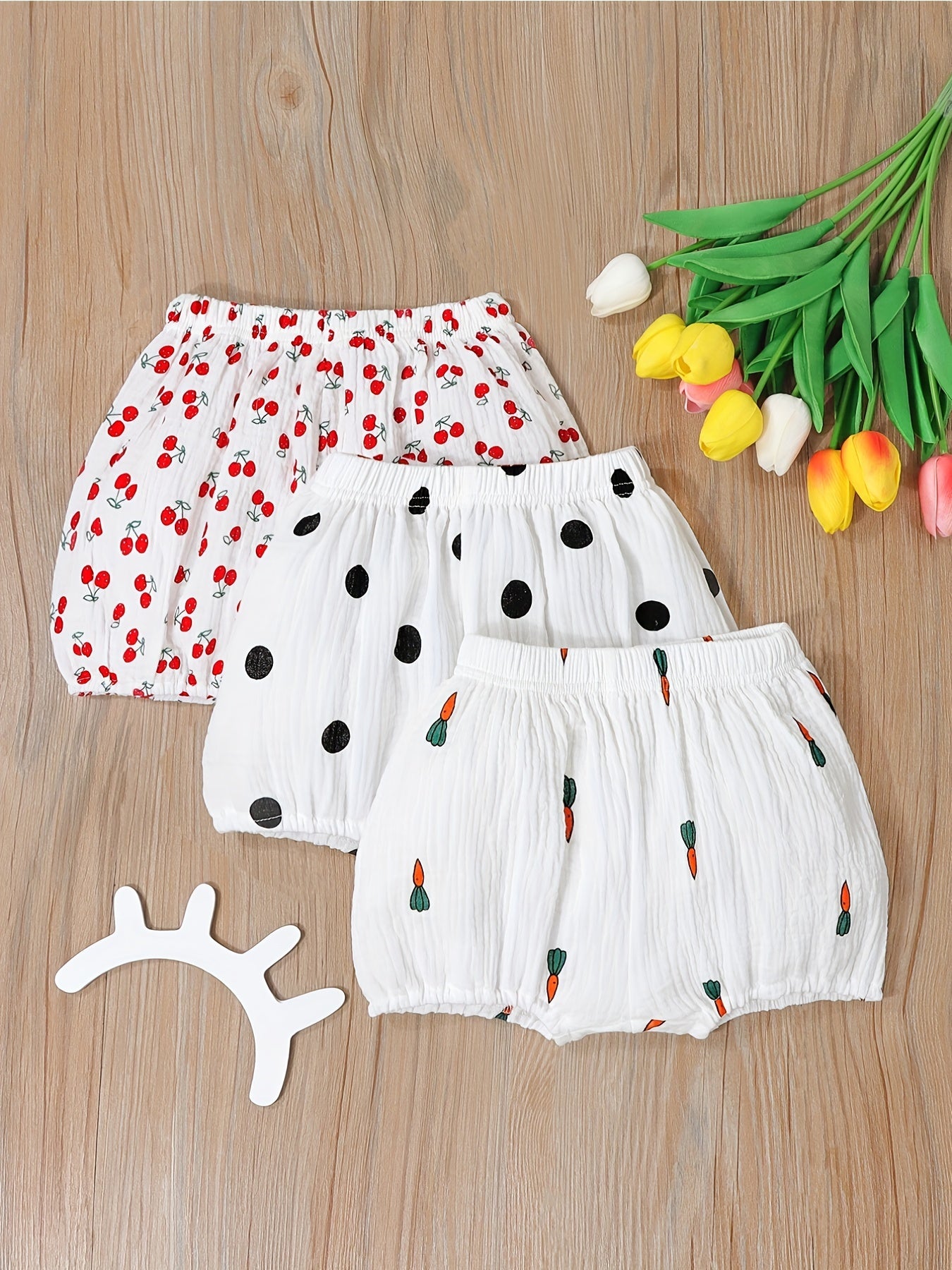 3pcs Print Baby Girl's Shorts Bread Pants Comfy Shorts