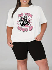  Funny Skull & Slogan Print T-shirt & Biker Shorts Outfit Set