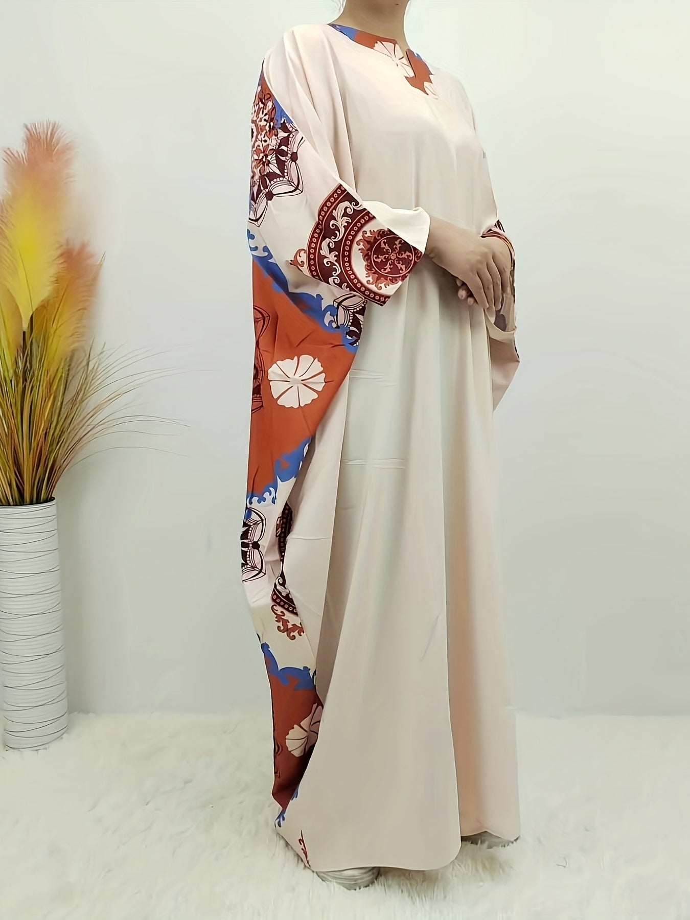  Floral Print Kaftan Dress Colorblock Bat Sleeve Maxi Dress