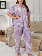 Floral Print Pajama Set Short Sleeve Button Up Shirt & Pants Lounge S