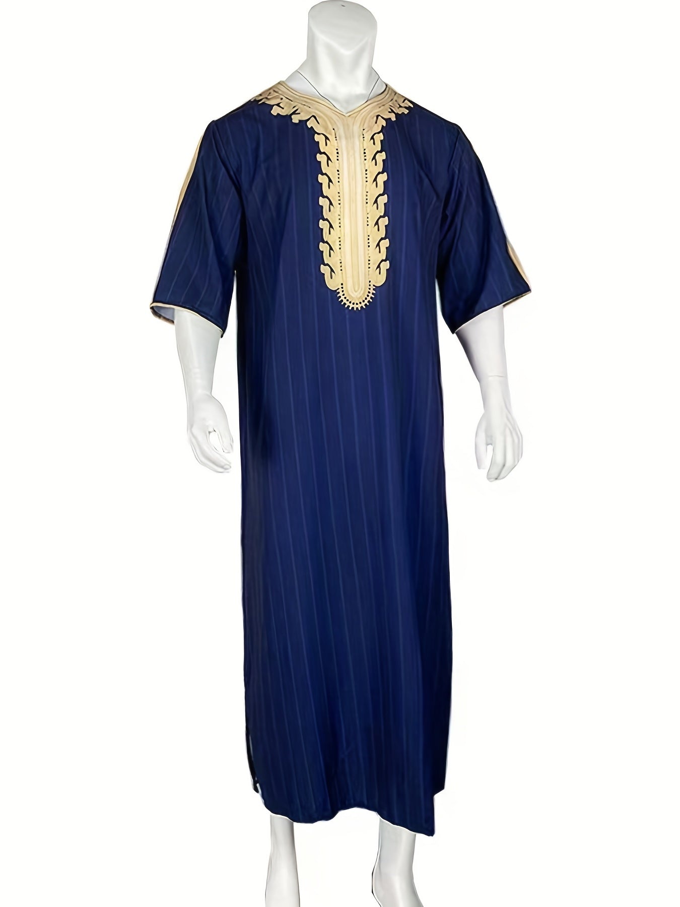 Muslim Men Striped Short Sleeve Thobe Kaftan Islamic Dubai Robes Ramadan Dishdas