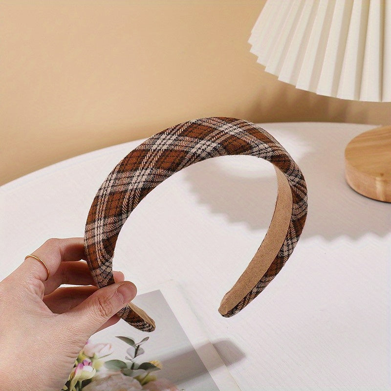 Plaid Pattern Wide Headband Soft Sponge Hair Hoop Vintage Hair Accessory