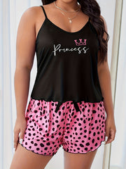  Cat & Letter Print Cami Top & Bow Shorts Pajama Set