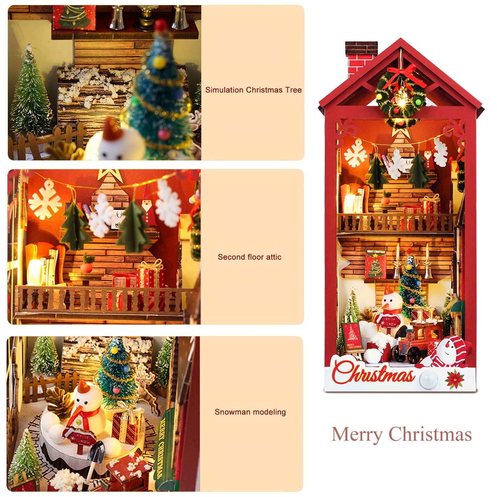 DIY 3D Wooden Puzzle LED Christmas House Booknook Bookshelf Decor