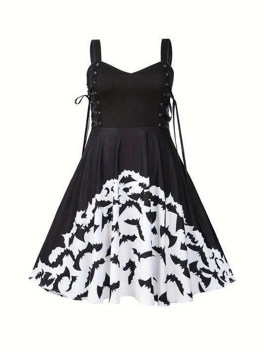  Halloween Goth Dress Women's Plus Bat Print Lace Up V Neck A line Tank